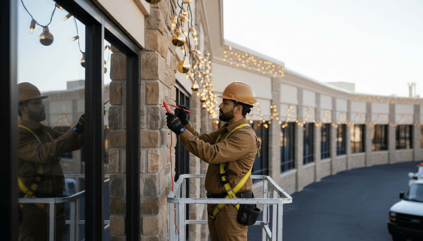 Professional technician performing holiday lighting maintenance and system checks