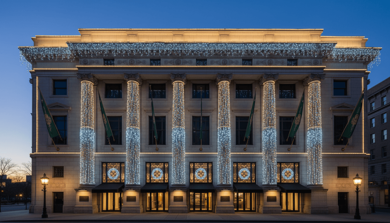 Beautifully decorated commercial building with professional holiday lighting at dusk
