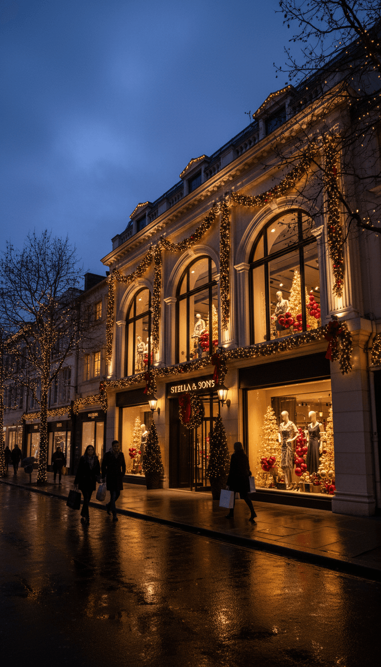Elegantly lit luxury retail storefront with warm holiday lighting at dusk