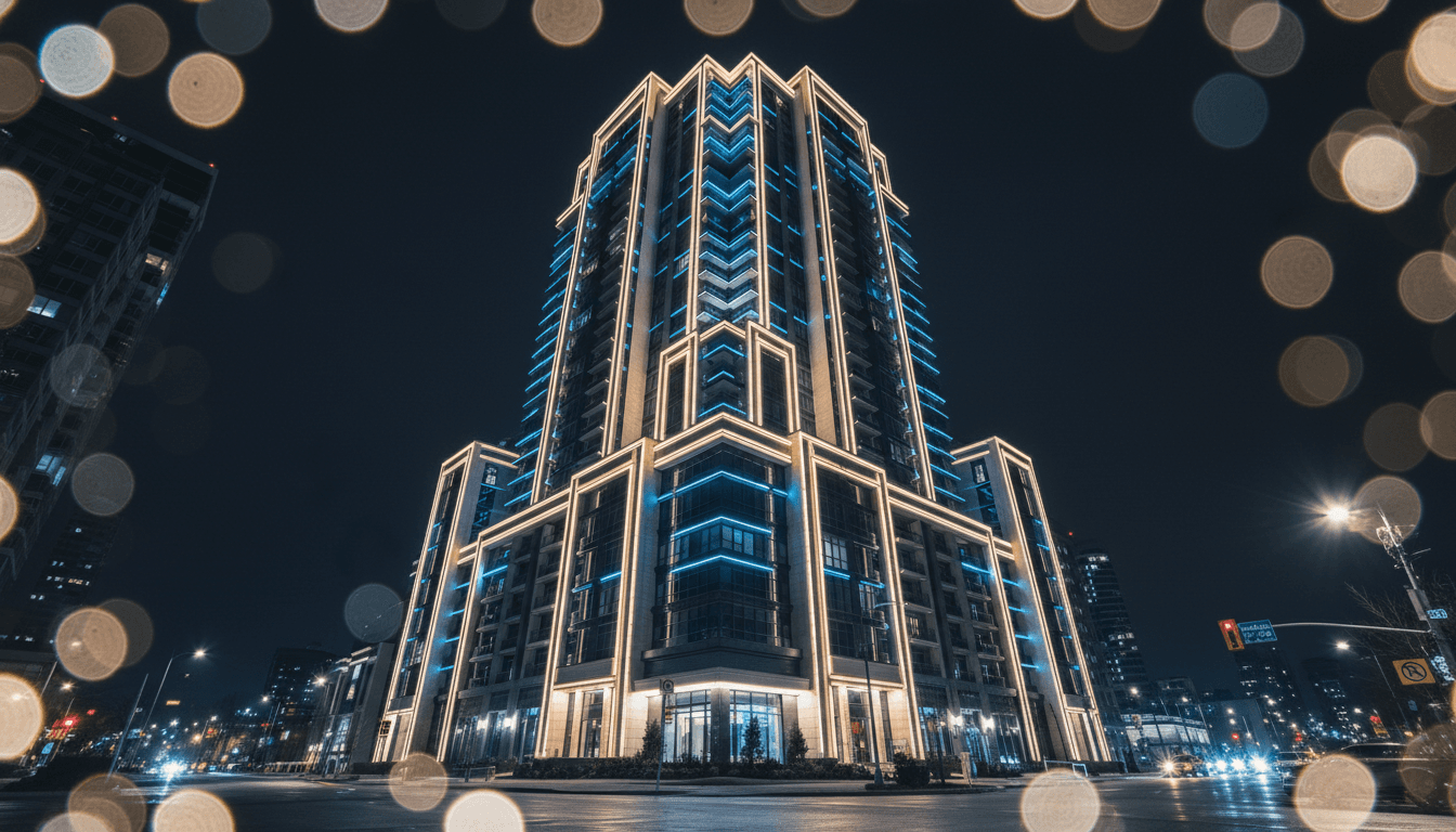 Luxury commercial building transformed with custom holiday lighting design