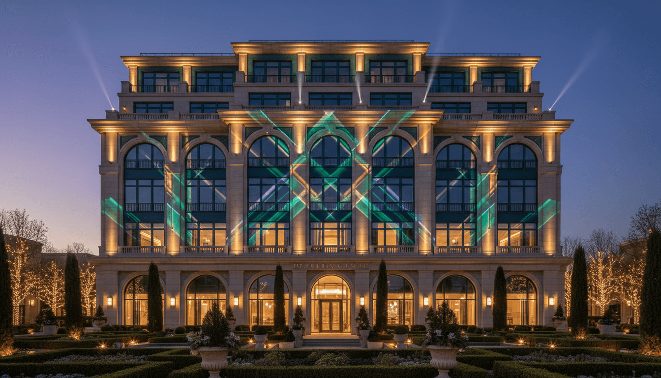 Luxurious commercial building transformed with premium holiday lighting and elegant greenery accents in Miami