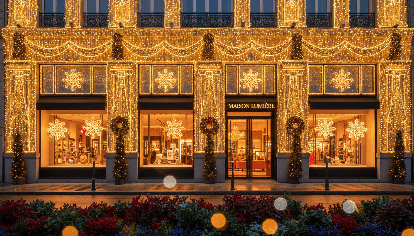 Luxurious commercial storefront beautifully decorated with professional holiday lighting and seasonal greenery