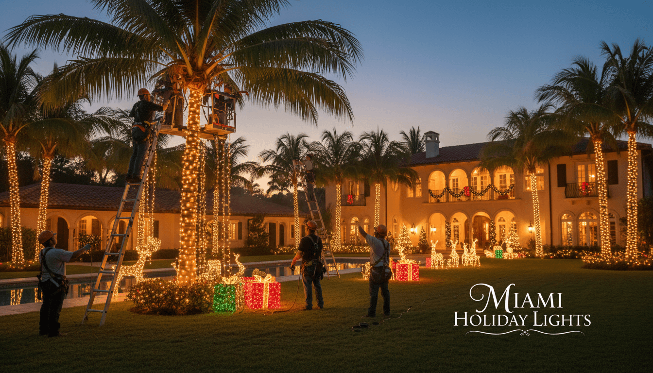 Miami holiday lighting installation team at work with festive decorations.