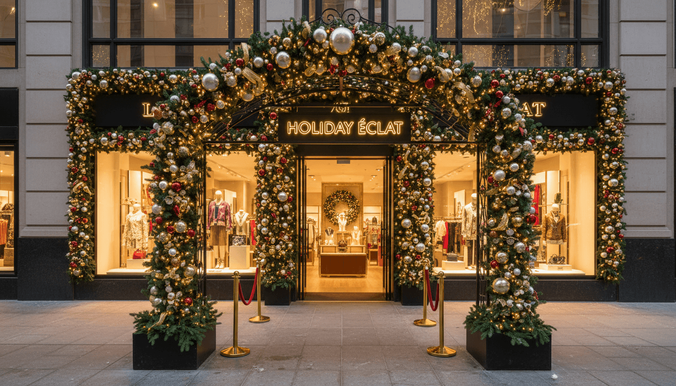 Luxury retail storefront with custom archway and premium garland for an elegant holiday entrance