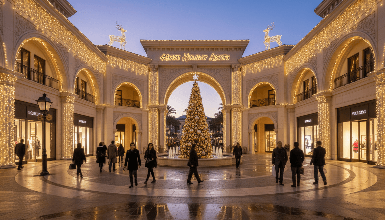 Luxury shopping center with elegant white and gold holiday lighting wrapping architectural features