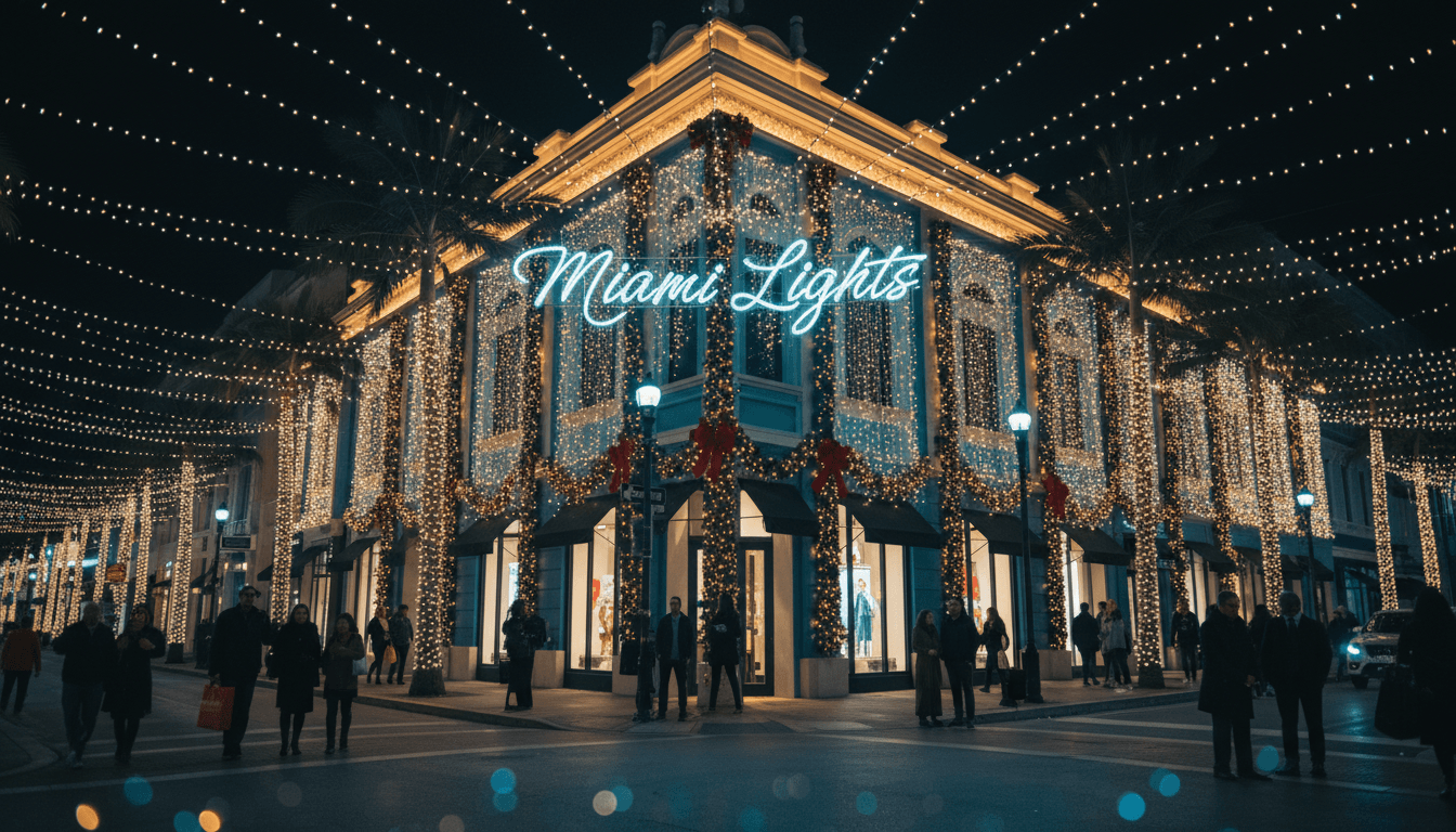 Luxury holiday light display on a festive Miami street at night with golden and white lighting creating an immersive seasonal atmosphere