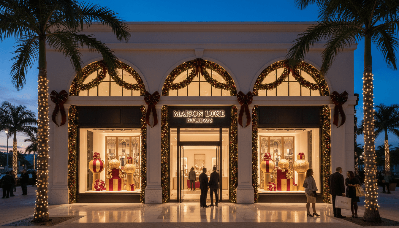 Miami holiday lighting installation team at work with festive decorations.
