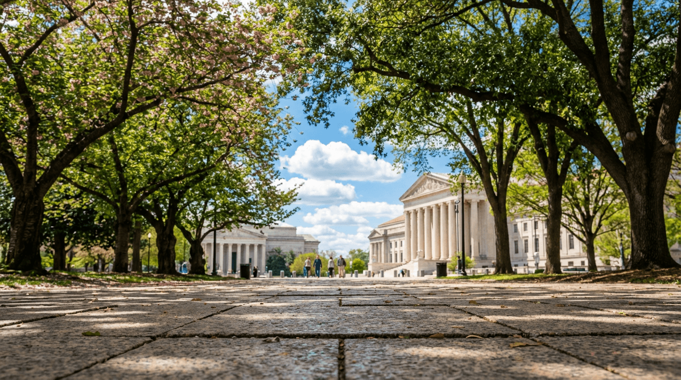 Municipal plaza with large decorated holiday tree and layered uplighting creating immersive holiday environment
