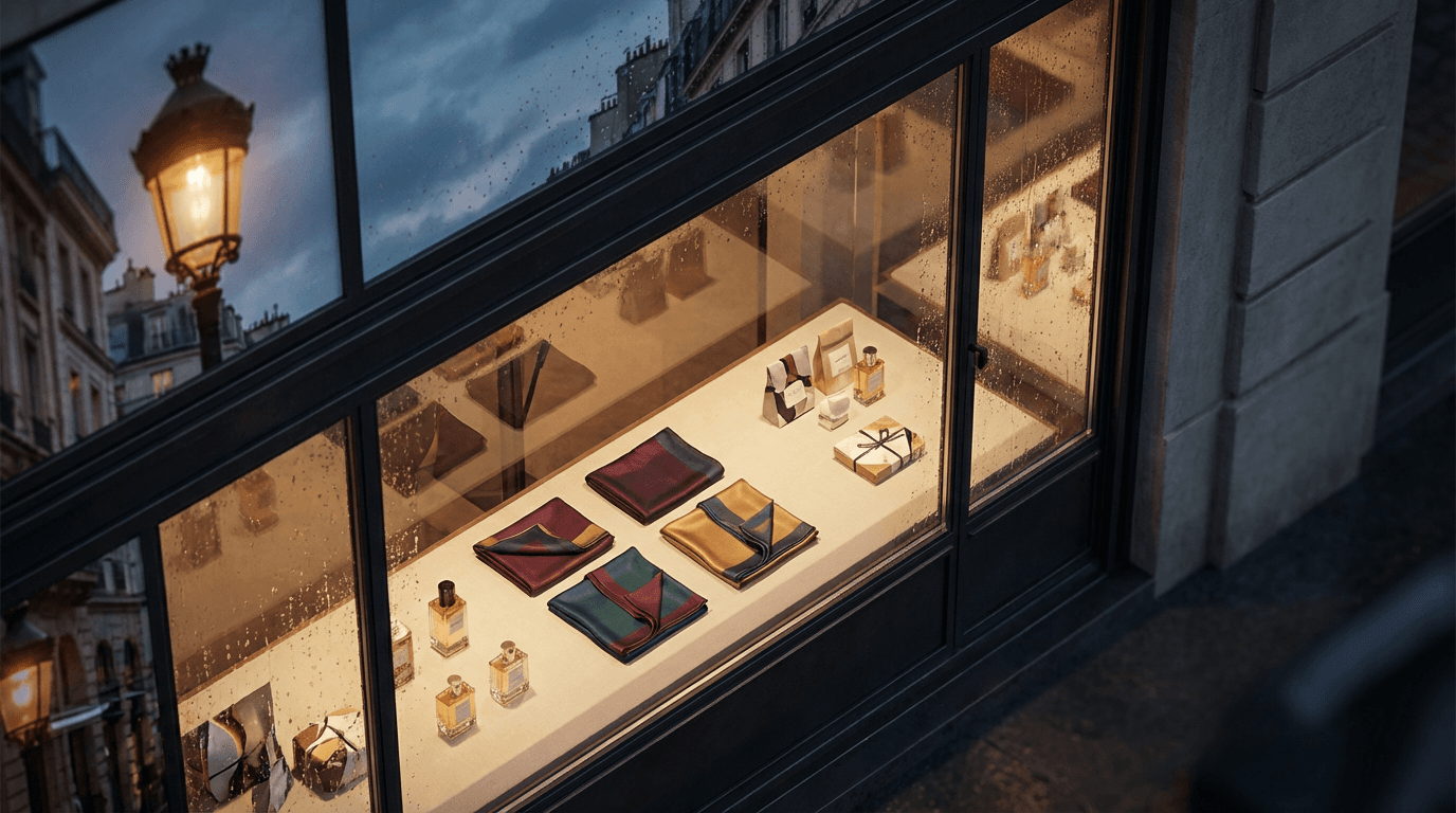 Luxury retail center with custom holiday lighting design illuminating storefront