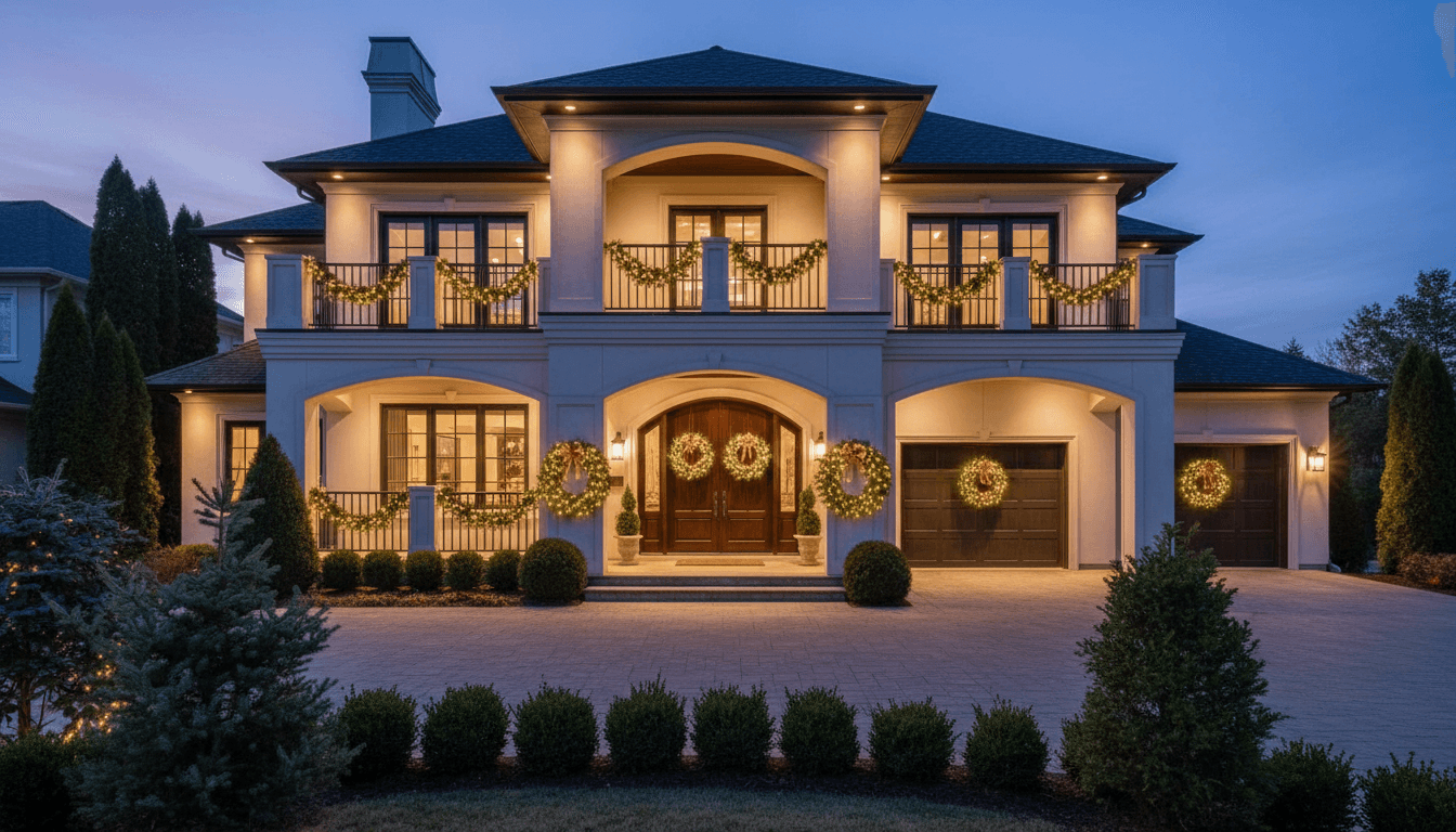 Luxury commercial property entrance transformed with custom holiday lighting and elegant garland installation