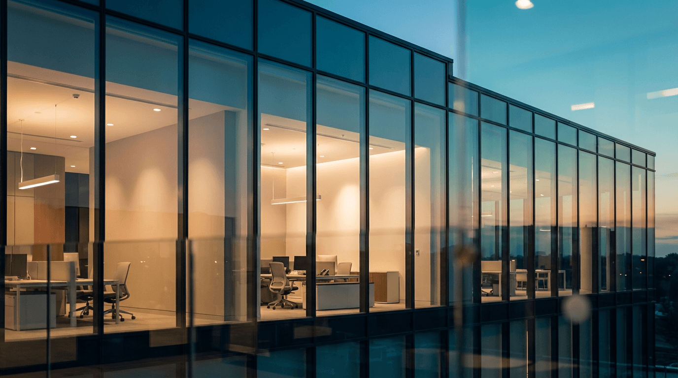 Large commercial building illuminated with professional holiday lighting design as installation team completes final details at dusk