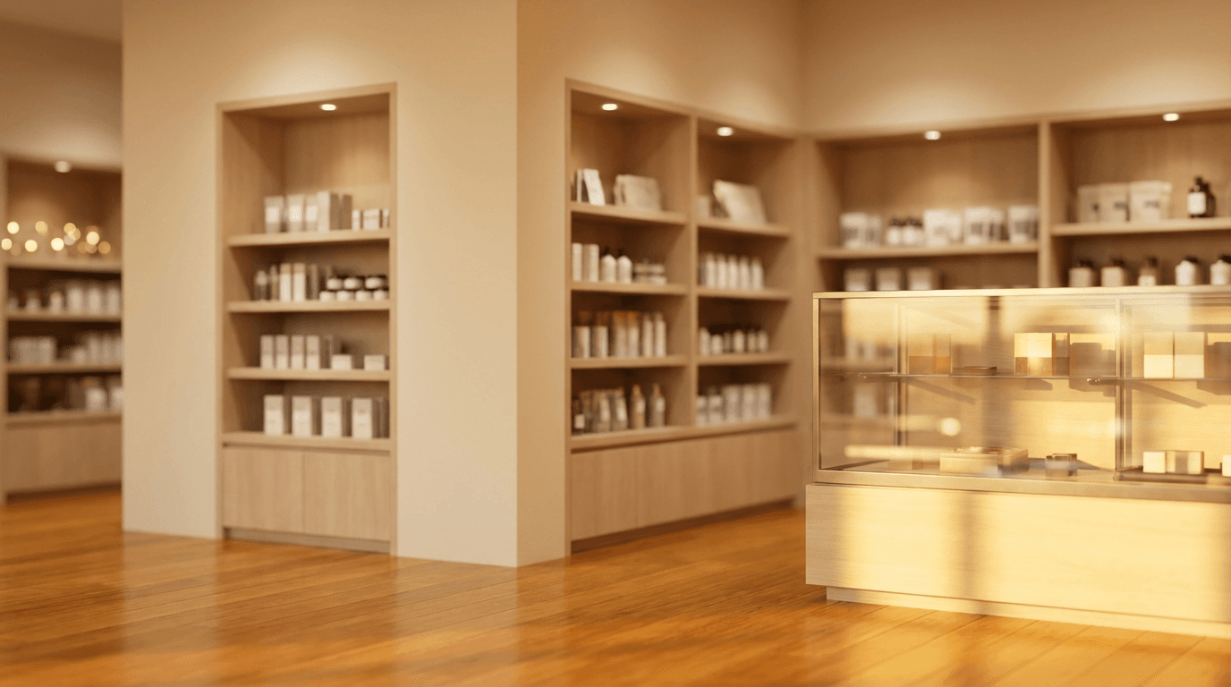 Upscale retail entrance with custom wreath and garland installations