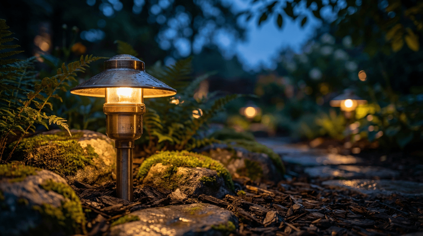 Hand-wrapped tree trunks illuminated with thousands of fairy lights