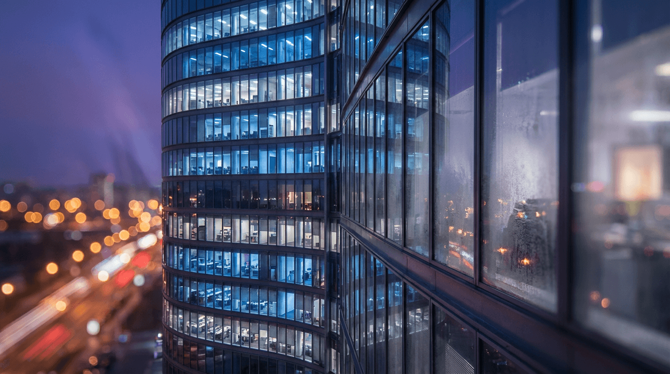 Upscale commercial building illuminated with custom holiday lighting design